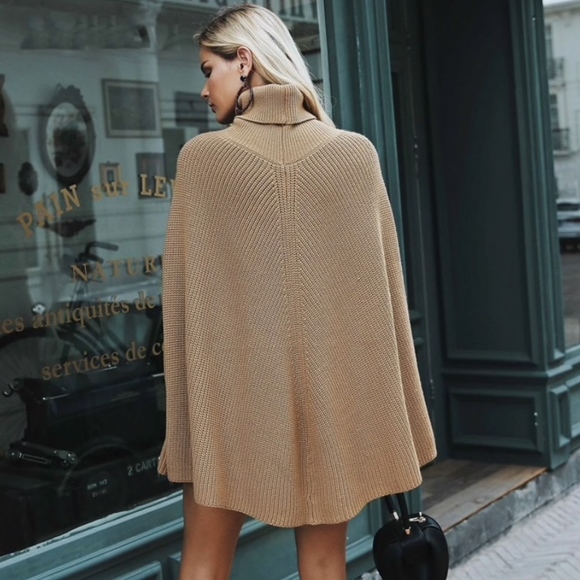 Khaki Knit Turtleneck Poncho - Picture 3 of 8